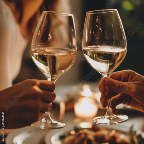 Happy couple having romantic cozy dinner at home or cafe, close-up shot of hands with wineglasses cheering with glasses of white wine celebrating anniversary or engagement, minimalistic ai technology