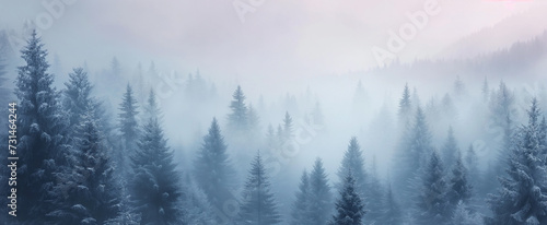 a painting of a winter landscape with snowy fir trees background