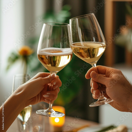 Happy couple having romantic cozy dinner at home or cafe, close-up shot of hands with wineglasses cheering with glasses of white wine celebrating anniversary or engagement, minimalistic ai technology