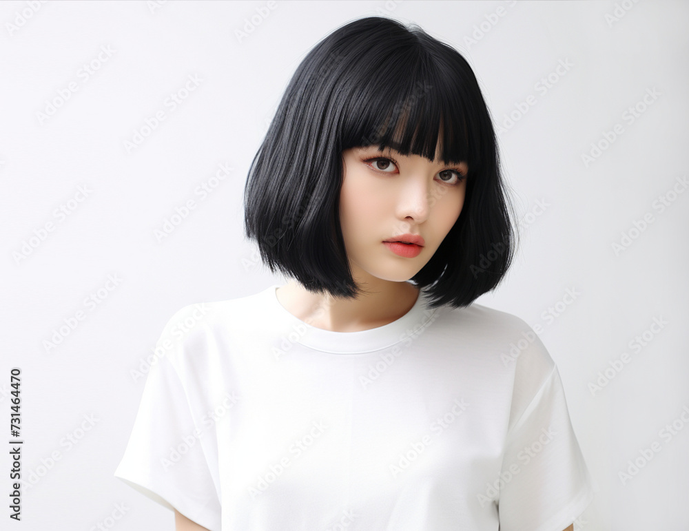 South Korean Japanese Asian Girl Innocent Short-Haired Black Hair Wearing A White T-Shirt White Background AI Generate South Korean Japanese Asian Girl Innocent Short-Haired Black Hair Wearing A White T-Shirt White Background AI Generate