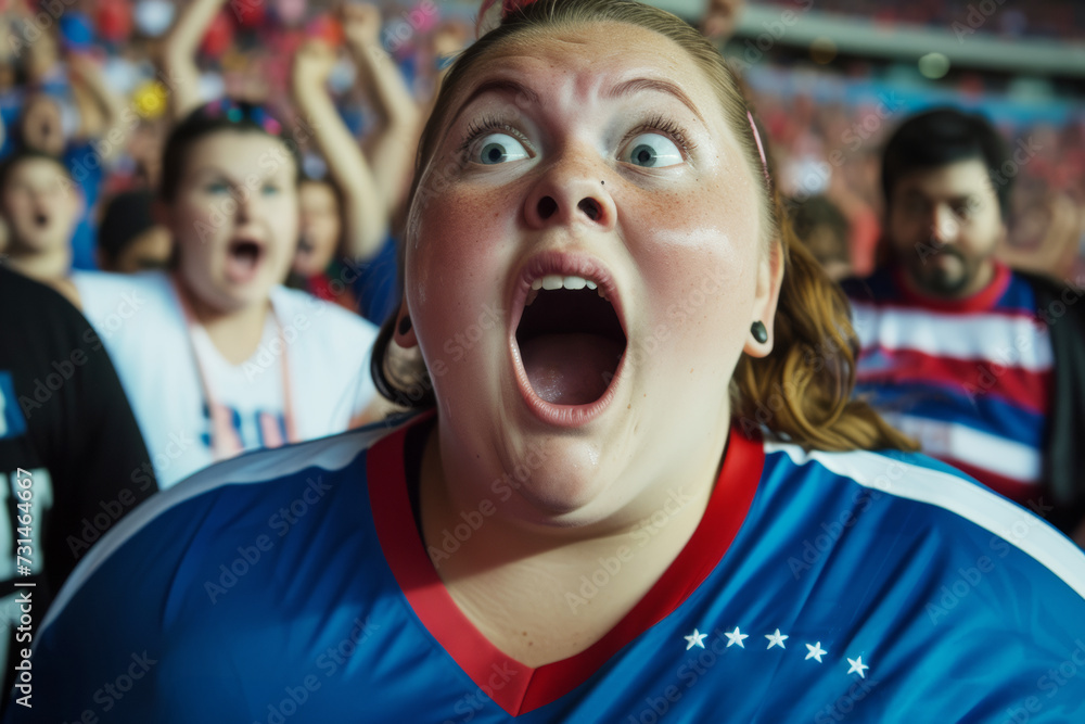 Captivated Soccer Fan in Mid-Cheer: A Woman Shouts of Passion and Anticipation at a Thrilling Match. AI Generative.