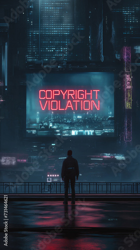 a cinematic wide shot of a man standing in front of a big screen. on the screen reads "COPYRIGHT VIOLATION"  