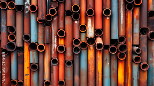 Stack of Colorful rusty aged pipes for background use , Generative AI illustration.