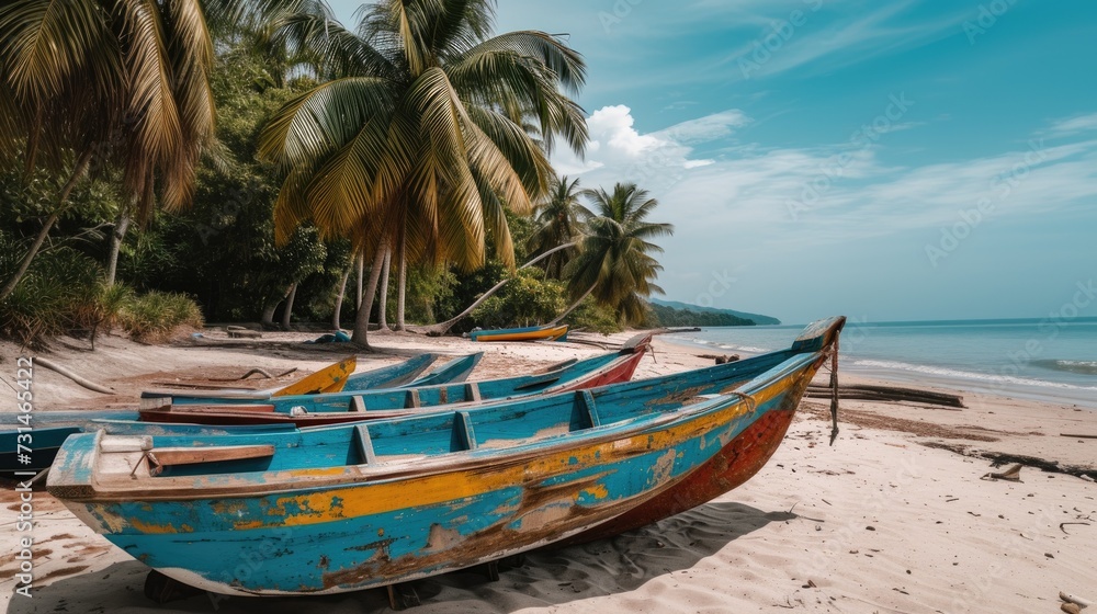 Colorful wooden boats rest on a tranquil tropical beach lined with palm trees