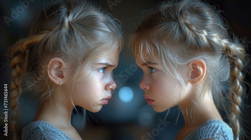 Two little girls looking at each other in the mirror. Generative AI.