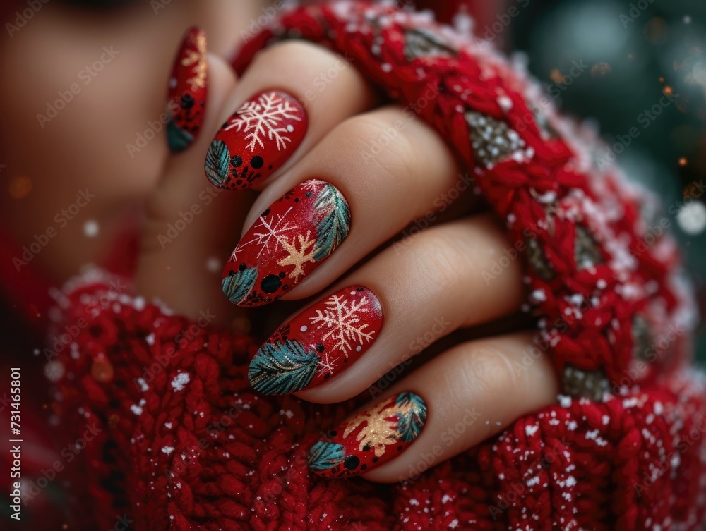 A woman with red and gold nail art on her hands. Generative AI. A woman with red and gold nail art on her hands. Generative AI.