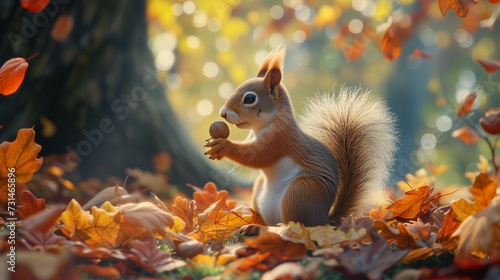 The enchanting beauty of autumn comes to life in a super realistic image of a squirrel holding a nut amidst the vibrant colors of the forest. 