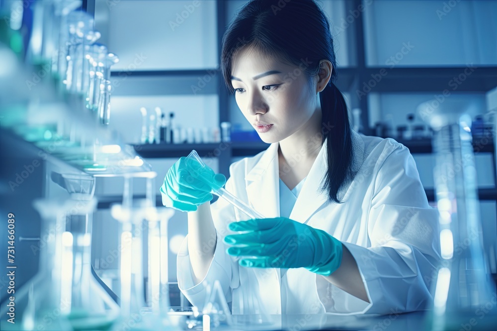 Asian female scientist holding a test tube with a solution in gloves in a research lab Asian female scientist holding a test tube with a solution in gloves in a research lab