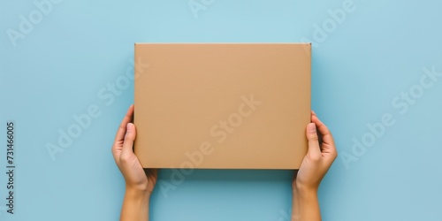 Woman hand holding small brown rectangular cardboard box on light blue background. Mockup parcel box. Packaging, shopping, delivery, present, gift concept photo