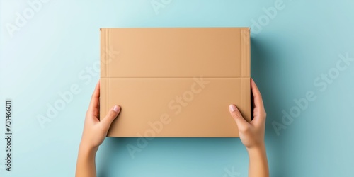 Woman hand holding small brown rectangular cardboard box on light blue background. Mockup parcel box. Packaging, shopping, delivery, present, gift concept © DailyStock