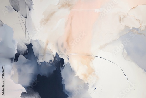 This canvas of abstract art, with its fluid acrylic strokes in a palette of peach and navy, offers a modern touch to any space and can also be used for wedding invitations and wrapping paper.