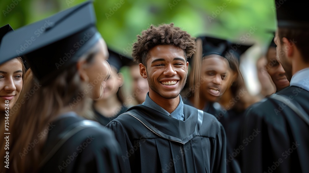 Joyful Graduate Among Peers, young graduate with a bright smile stands out among fellow graduates in caps and gowns, encapsulating the pride and excitement of graduation day