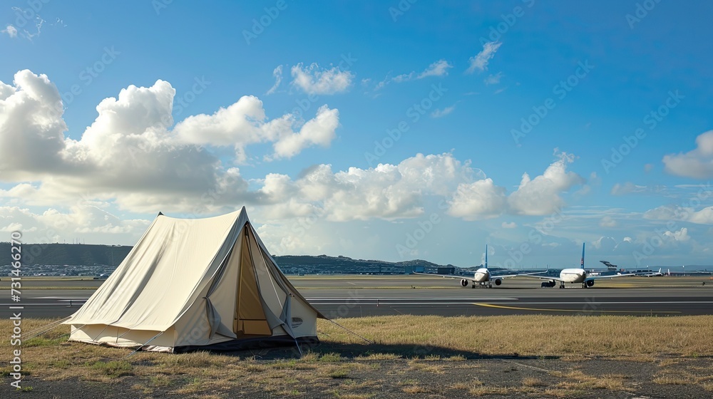 A tourist tent stands against the background of a runway with airplanes. The concept of recreation, independent tourism