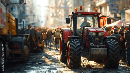 Tractor Amidst Urban Congestion, red tractor stands out in a bustling urban street scene, capturing a moment of agricultural presence in a busy city setting