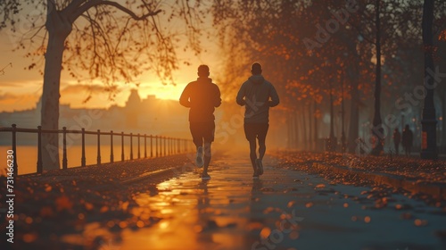 Autumn Run at Sunrise, Two runners jog along a park lane strewn with fallen leaves, with the golden glow of sunrise creating a serene backdrop