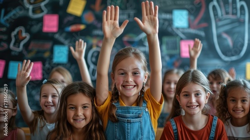 Classroom Excitement with Eager Young Students, classroom of smiling children raises their hands enthusiastically in front of a colorful chalkboard, exuding a love of learning and collaboration