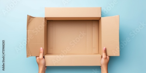 Top view to female hand holding brown cardboard box on light blue background. Mockup parcel box. Packaging, shopping, delivery concept © DailyStock