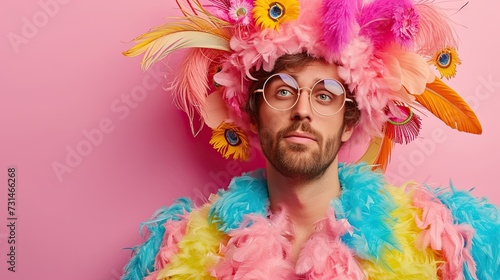A photo of a guy looking into the frame. The man has makeup on his face, feathers on his head and shoulders. Studio photo of a model in a carnival costume