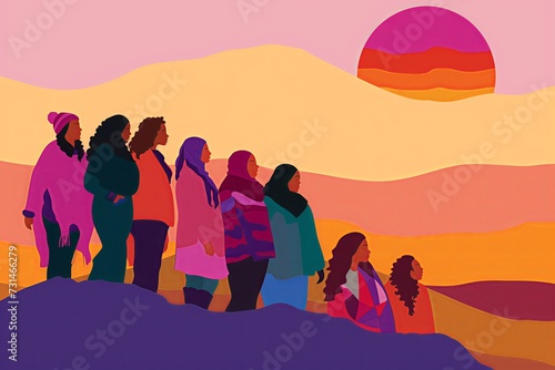 Empowered Women's Silhouette Unity at Sunset - A Vibrant Showcase of Sisterhood and Diversity © Mark