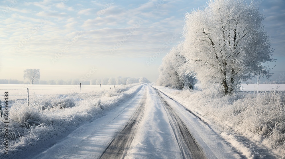 Country road in snowy winter day. copy space for text.