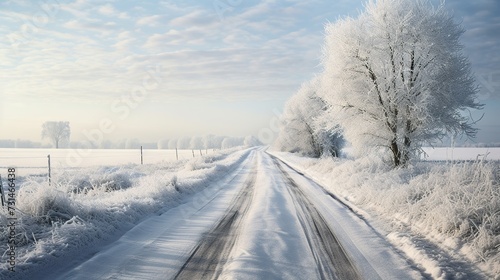 Country road in snowy winter day. copy space for text. © Naknakhone