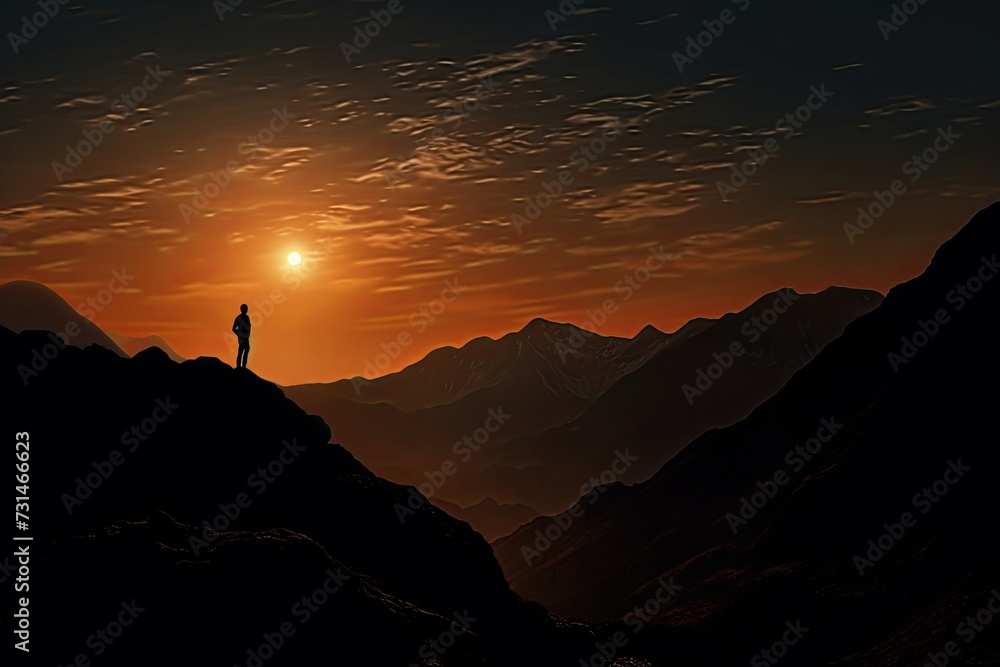 Person seen standing on top of hill during sunset