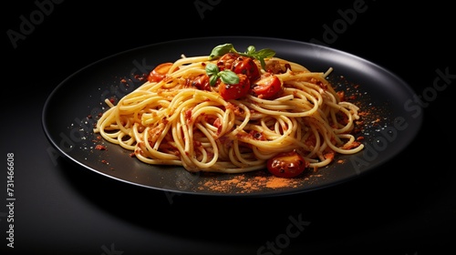 Delicious spaghetti served on a black plate. Image of food. copy space for text.