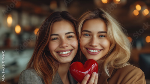 Photo of two beautiful and attractive young women standing close together in a beautiful office holding red love hearts and smiling.