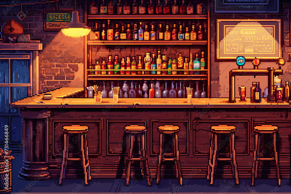 Pixel art depiction of a bar interior featuring a wooden counter ...