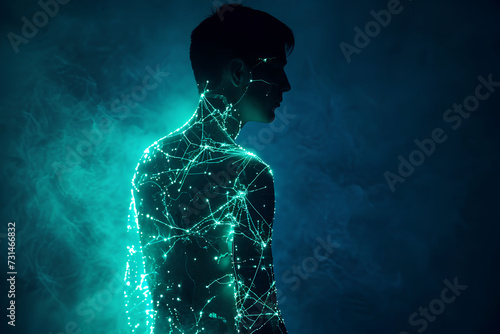  human silhouette with bioluminescent circuitry integrated into the skin