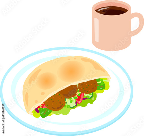 ファラフェルのピタサンドとコーヒー