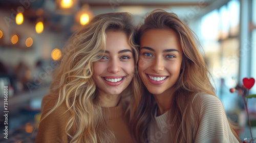 Photo of two beautiful and attractive young women standing close together in a beautiful office.