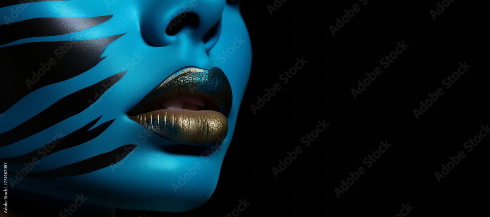 Close-up portrait of a beautiful woman's lips in a blue mask