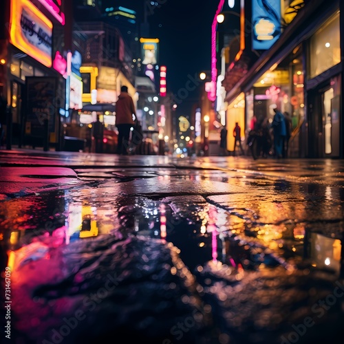 A close-up of a rain-soaked city street at night  with reflections of neon lights shimmering on the wet pavement