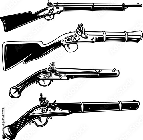 Illustration of old mushket gun isolated on white background. Design element for emblem, sign, poster, badge. Vector illustration