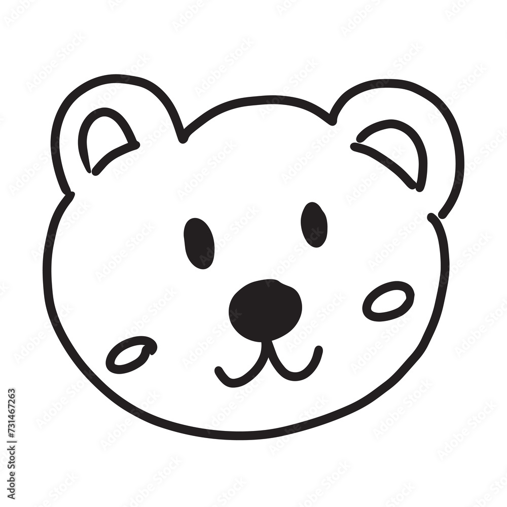 Kid drawing style outline of teddy bear for cartoon character, comic, mascot, toy, sticker, pet, vet, print, black and white, logo, icon, banner, tattoo, happy doll, colouring book, decorations
