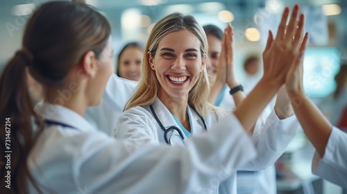 High-Five for Healthcare Team Success, Medical professionals share high-fives in a moment of team success and camaraderie in a bright hospital setting, symbolizing collaborative achievement photo