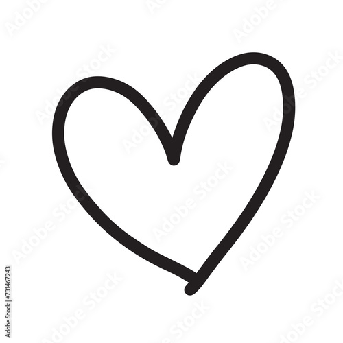Hand drawn outline of heart for black and white sticker, tattoo, fabric print, decorations, clip art, love logo, icon, Valentine's Day, social media post, card, sign, symbol, February element photo