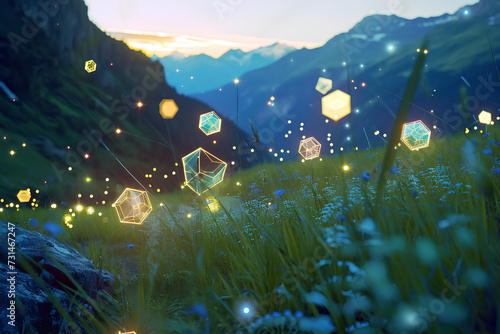 Blend a tranquil mountain landscape with floating geometric shapes and bioluminescent plants, creating a surreal and mesmerizing scene.