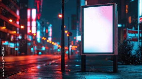 Mockup. Vertical advertising stand in the street. Blank white street billboard poster light box stand mock with urban city background