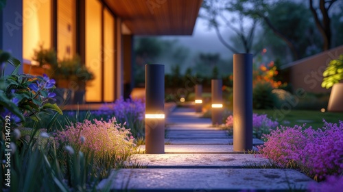 Twilight Garden Pathway, tranquil garden pathway lit by soft lights at twilight, inviting a peaceful walk amidst blooming flowers and modern landscaping