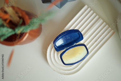 top view of petroleum jelly in a container on table 