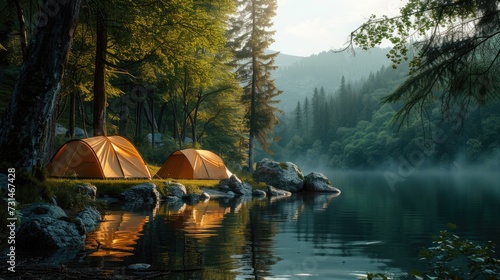 Tents at amazing camping site in the forest near the lake. Camping theme, Camping tents in a pine sunny forest - scenic landscape during adventures on the lakes © Anastasiia