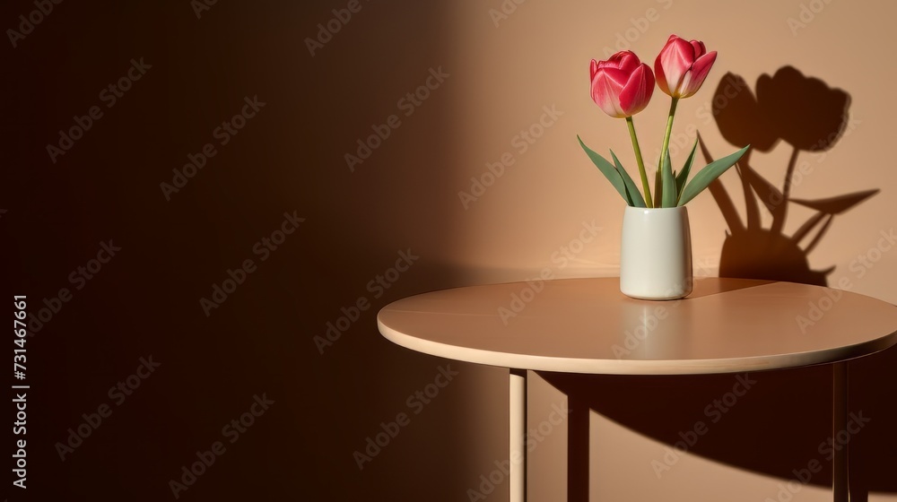 Pink tulips in a vase on a table.