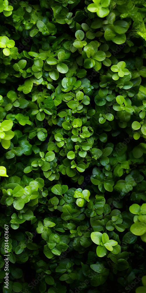 A top view of a beautiful macro closeup image of green wall with natural small plant leaves in vertical garden bush A top view of a beautiful macro closeup image of green wall with natural small plant leaves in vertical garden bush