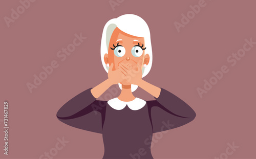 Secretive Mysterious Elderly Lady Covering her Mouth Vector Character. Funny granny feeling embarrassed or nauseated making startled gesture
