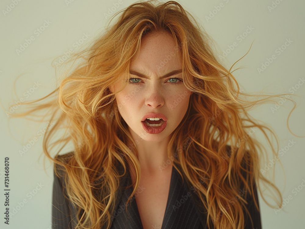 The portrait an angry woman, conveying her anger through her facial expression. The portrait an angry woman, conveying her anger through her facial expression.