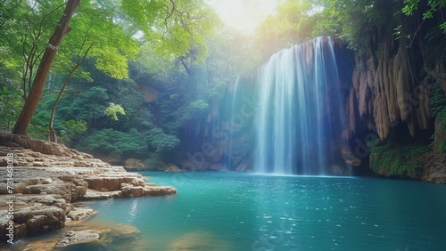  beautiful jungle with pretty waterfall. seamless looping time-lapse animation video background photo