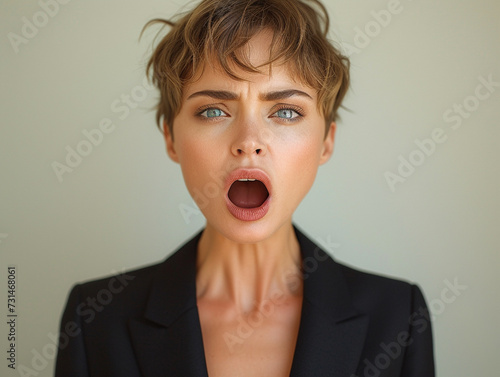 Screaming Woman Portrait: Smiling woman with open mouth and expressive eyes in a studio portrait