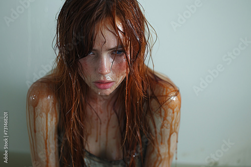A woman with wet red hair and a bloodied face looks at the camera. She is covered in blood and appears to be in a bathroom. © Anek